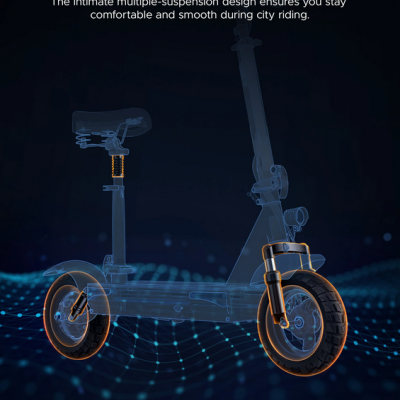 Trotinete elétrico translúcido com suspensão múltipla destacada