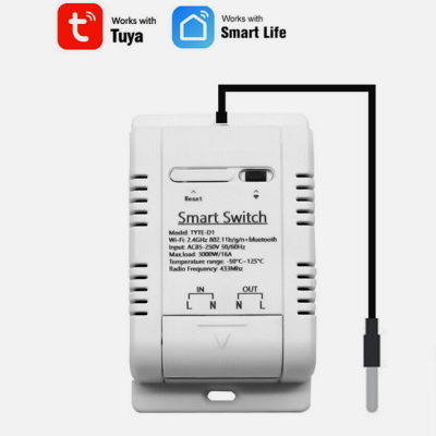 Smart Switch branco com antena preta e texto técnico
