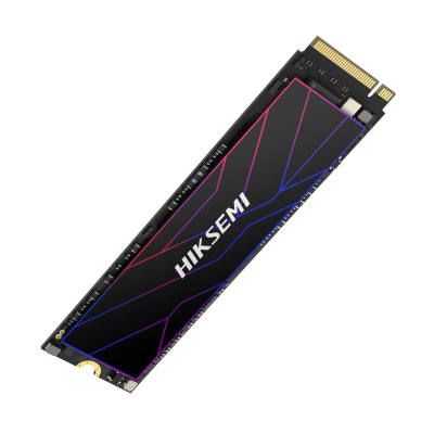 SSD M.2 preto com conector dourado e linhas azuis e vermelhas