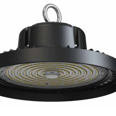 Luminária industrial suspensa preta circular com anel metálico