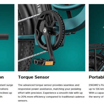 Três detalhes de bicicleta eléctrica: punho com botão B, sensor de binário e bateria portátil ENGWE