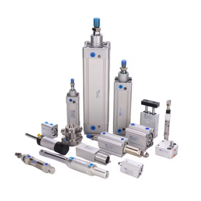Conjunto de cilindros pneumáticos metálicos prateados com detalhes azuis sobre fundo branco