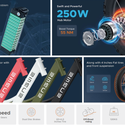 Detalhes técnicos e características de uma bicicleta elétrica com bateria, motor e opções de cores