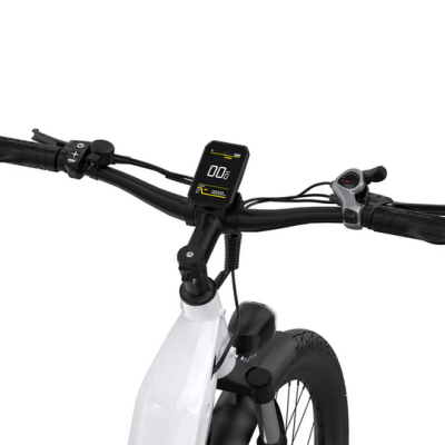 Guiador de bicicleta elétrica branca com mostrador digital e velocímetro analógico