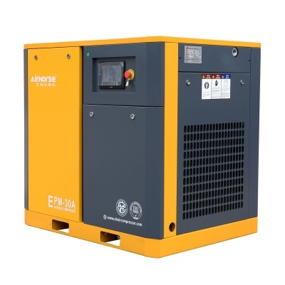 Compressor de ar parafuso Airhorse EPM-30A amarelo e cinza com visor digital e botão de emergência