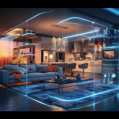 Sala de estar moderna com sofá azul e cozinha branca com balcão e bancos