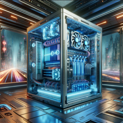 Computador de secretária futurista com iluminação azul, componentes internos visíveis e ambiente tecnológico com janelas grandes e luzes neon