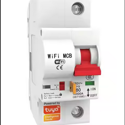 Disjuntor WiFi MCB branco com alavanca vermelha e etiquetas de especificação