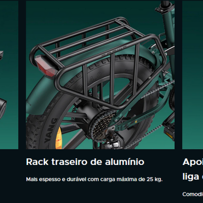 Detalhes de punho, bagageira e pedal de bicicleta elétrica