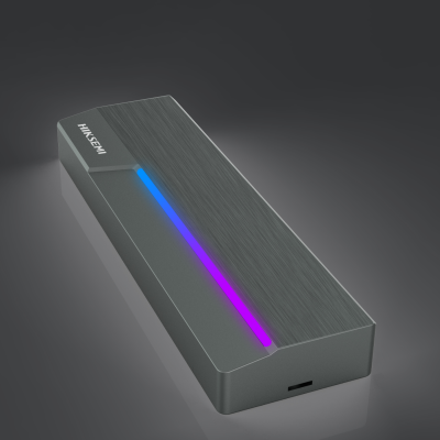 Dispositivo retangular cinzento escuro com faixa luminosa azul e roxa e texto HIKSEMI