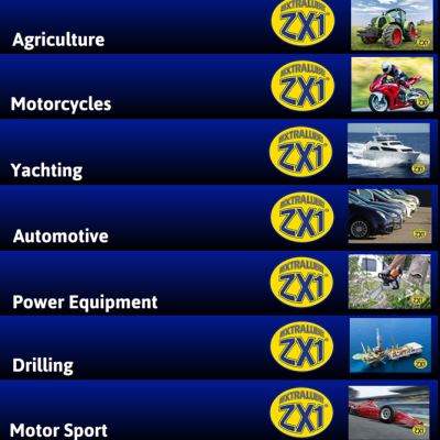 Sete secções com texto e logótipo EXTRALUBE ZX1 e imagens correspondentes a diferentes sectores de transporte e maquinaria.