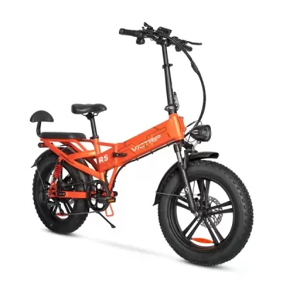 Bicicleta elétrica dobrável VCTRIP R5 laranja com selim duplo e pneus grossos