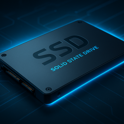 Disco SSD sólido preto com gravação SSD SOLID STATE DRIVE sobre fundo de circuito eletrônico azul.