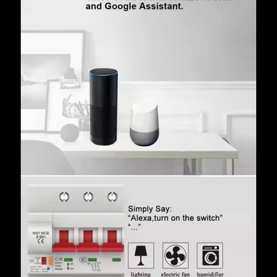 Dois dispositivos inteligentes num ambiente interior claro com texto sobre comando de voz e imagens de quadro elétrico e ícones de dispositivos