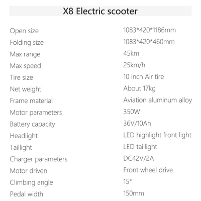 Trotinetes elétricas X8 preto com especificações técnicas em fundo branco
