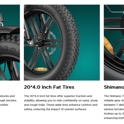 Detalhes de suspensão, pneus e sistema de mudanças de bicicleta elétrica azul