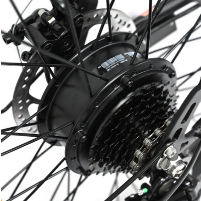 Roda traseira de bicicleta elétrica com cubo, engrenagens e travão de disco