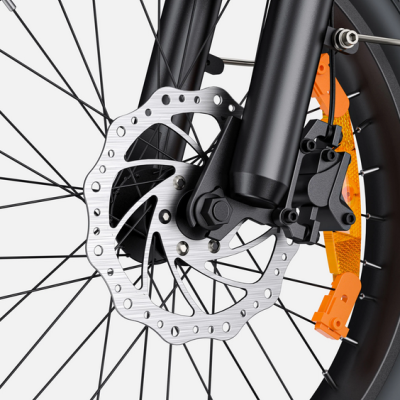 Roda de bicicleta com disco de travão e refletor laranja