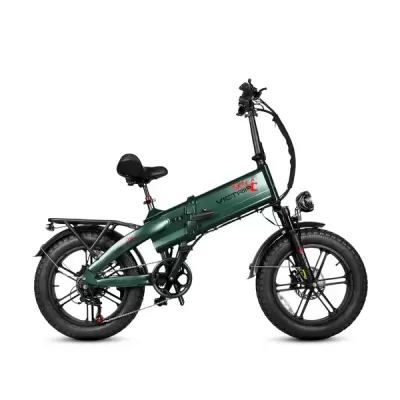 Bicicleta elétrica dobrável verde com pneus largos e suporte traseiro
