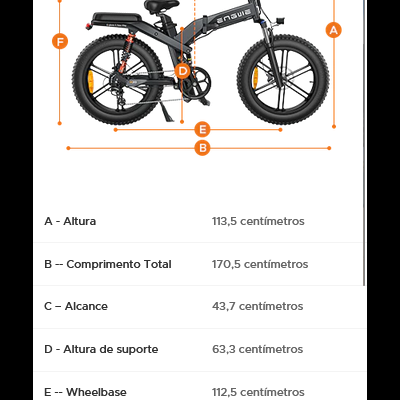 Bicicleta elétrica preta com dimensões e especificações técnicas em português
