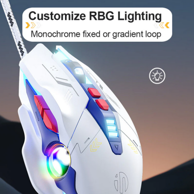 Rato de gaming branco com iluminação RGB e botões vermelhos