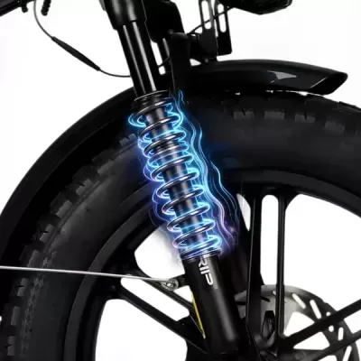Roda de bicicleta preta com suspensão de mola e disco de travão