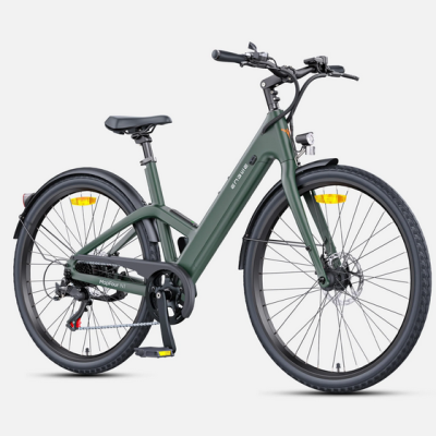 Bicicleta elétrica verde escuro Erasus MapFour N1 sobre fundo branco