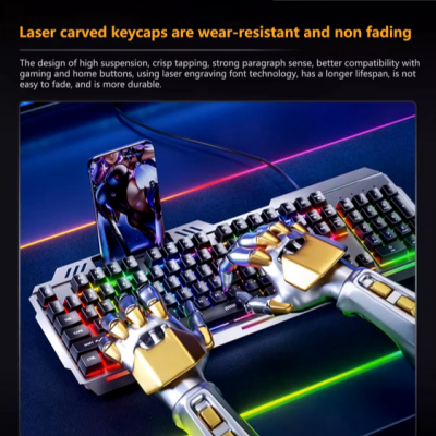 Teclado mecânico retroiluminado com suporte para smartphone e teclas gravadas a laser