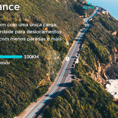 Estrada a contornar costa com vegetação e mar, com texto promocional sobre autonomia de produto N1 Pro