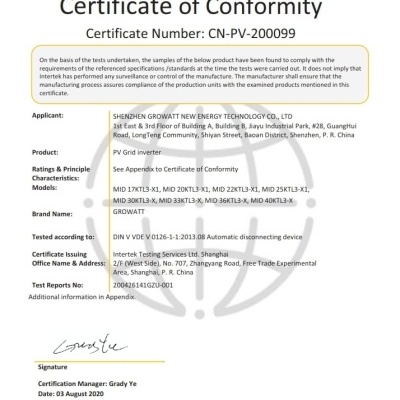 Certificado de conformidade Intertek para inversores de rede fotovoltaica da marca GROWATT