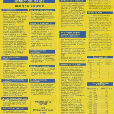 Folheto amarelo e azul com instruções de uso para tratamento ZX1, com texto detalhado e tabela de doses