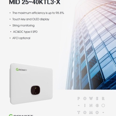 Equipamento branco Growatt MID 25~40KTL3-X com ecrã OLED e texto promocional ao lado