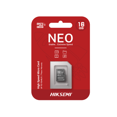 Cartão micro SD preto de 16 GB em embalagem vermelha com texto branco