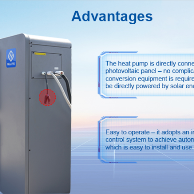 Bomba de calor cinzenta NALITE com áreas pretas e texto sobre vantagens em fundo azul