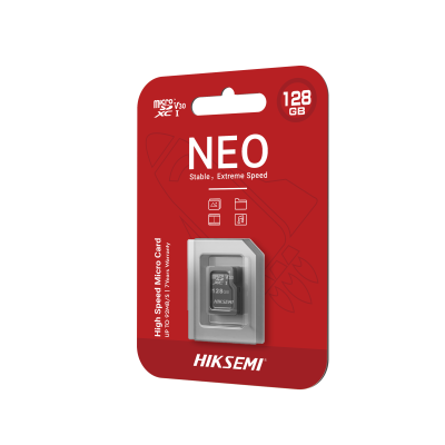 Cartão microSD preto 128GB HIKSEMI NEO em embalagem vermelha