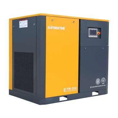 Compressoor de ar AirHorse EPM-50A amarelo e cinza com painel digital e botão vermelho de emergência.
