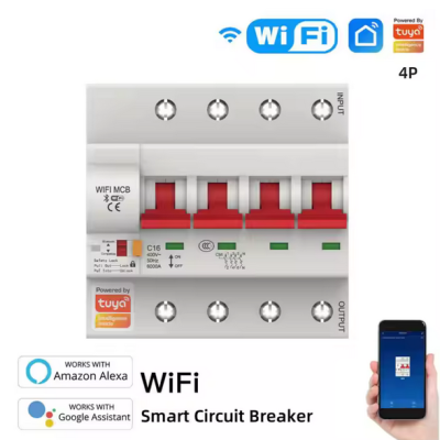 Disjuntor inteligente WiFi de 4 polos branco com alavancas vermelhas e smartphone ao lado