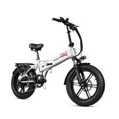 Bicicleta elétrica dobrável Victrix branca com pneus grossos pretos e assento preto