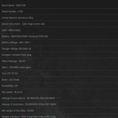 Especificações técnicas da bicicleta elétrica DRVETION CT20