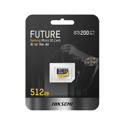 Cartão micro SD preto e amarelo para gaming marca HIKSEMI com texto FUTURE e capacidade 512GB