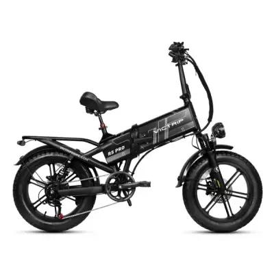 Bicicleta elétrica dobrável preta Victrip R5 Pro com pneus grossos e farol