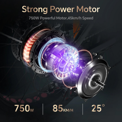 Motor elétrico potente com especificações visíveis em texto e gráficos