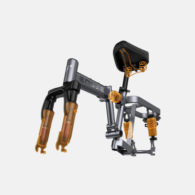 Sistema de suspensão para bicicleta em metal preto e cinzento com partes laranja translúcidas