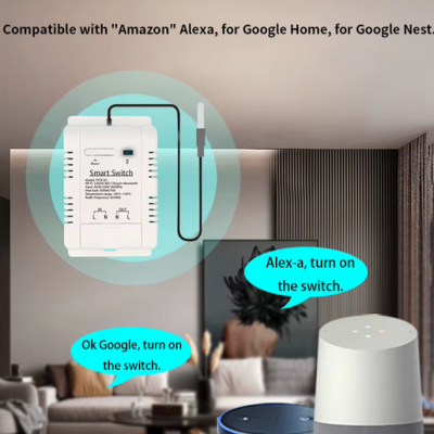 Interruptor inteligente Smart Switch branco com dispositivos de controlo de voz num cenário de sala de estar