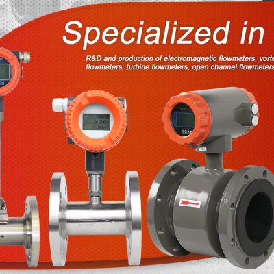 Três medidores industriais metálicos com detalhes laranja em fundo vermelho com texto técnico