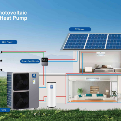 Diagrama de sistema fotovoltaico com bomba de calor e painéis solares azuis