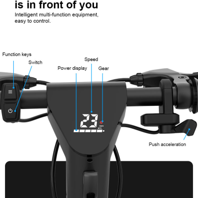 Painel frontal de trotinete elétrica com ecrã LED e botões no guiador