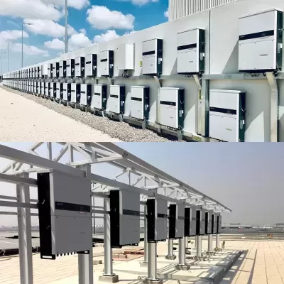 Inversores solares cinzentos instalados em parede e estrutura metálica branca ao ar livre