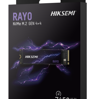 Embalagem de disco SSD NVMe RAYO HIKSEMI preto com detalhes elétricos roxos