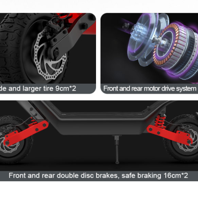 Detalhes técnicos do trotinete elétrico com pneus largos, motor 1200W e travões de disco duplos